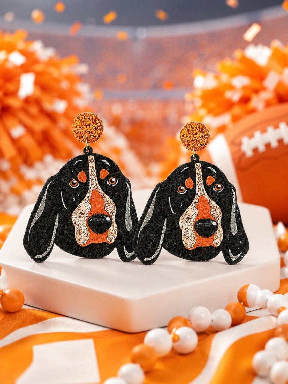 University of Tennessee Vols Smokey Dog Hound Glitter Football Gameday Earrings